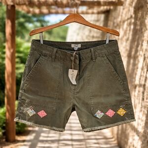 Easel Olive Jean Shorts with Patchwork Detail